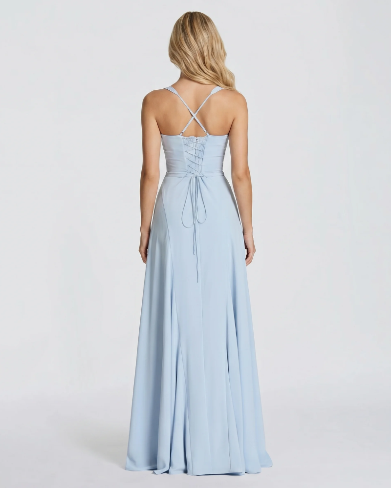 Women's Formal Corset Dress in Maxi Length - Light Blue
