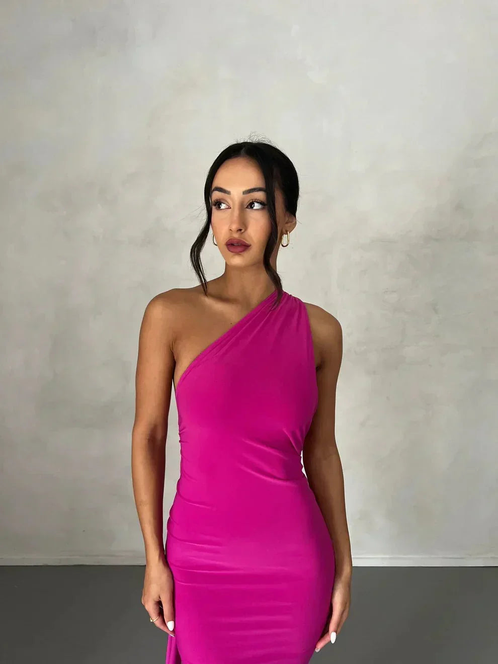 Women's Formal Grecian One Shoulder Maxi Dress - Fuchsia