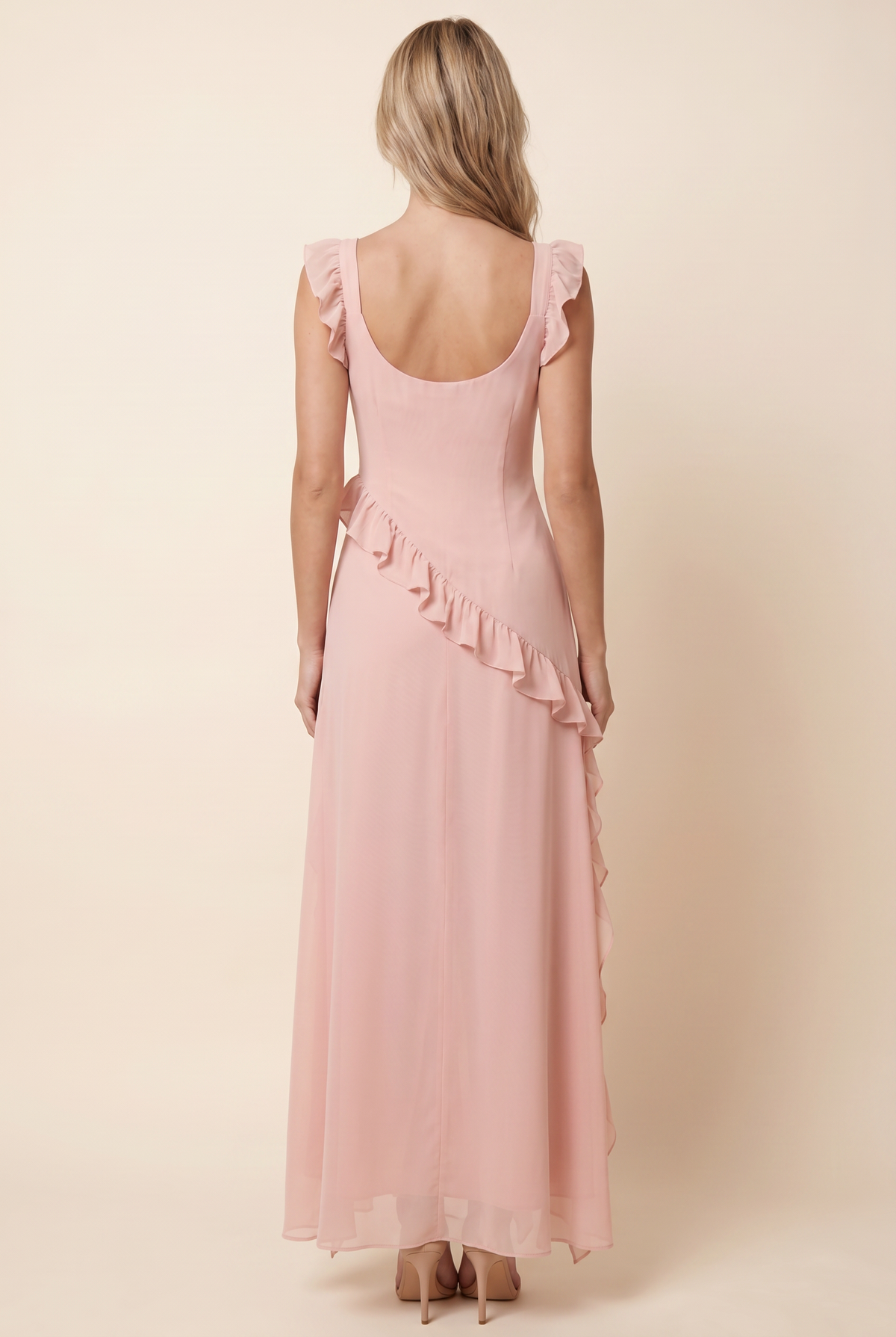 Women's Formal Maxi Dress with Ruffle Straps - Blush Pink