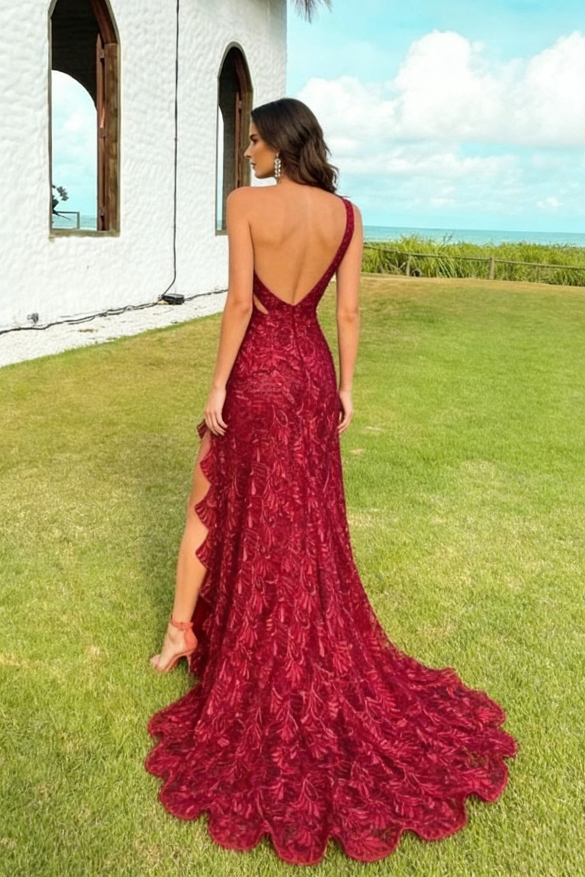 Women's Formal One Shoulder Lace Maxi Dress - Wine