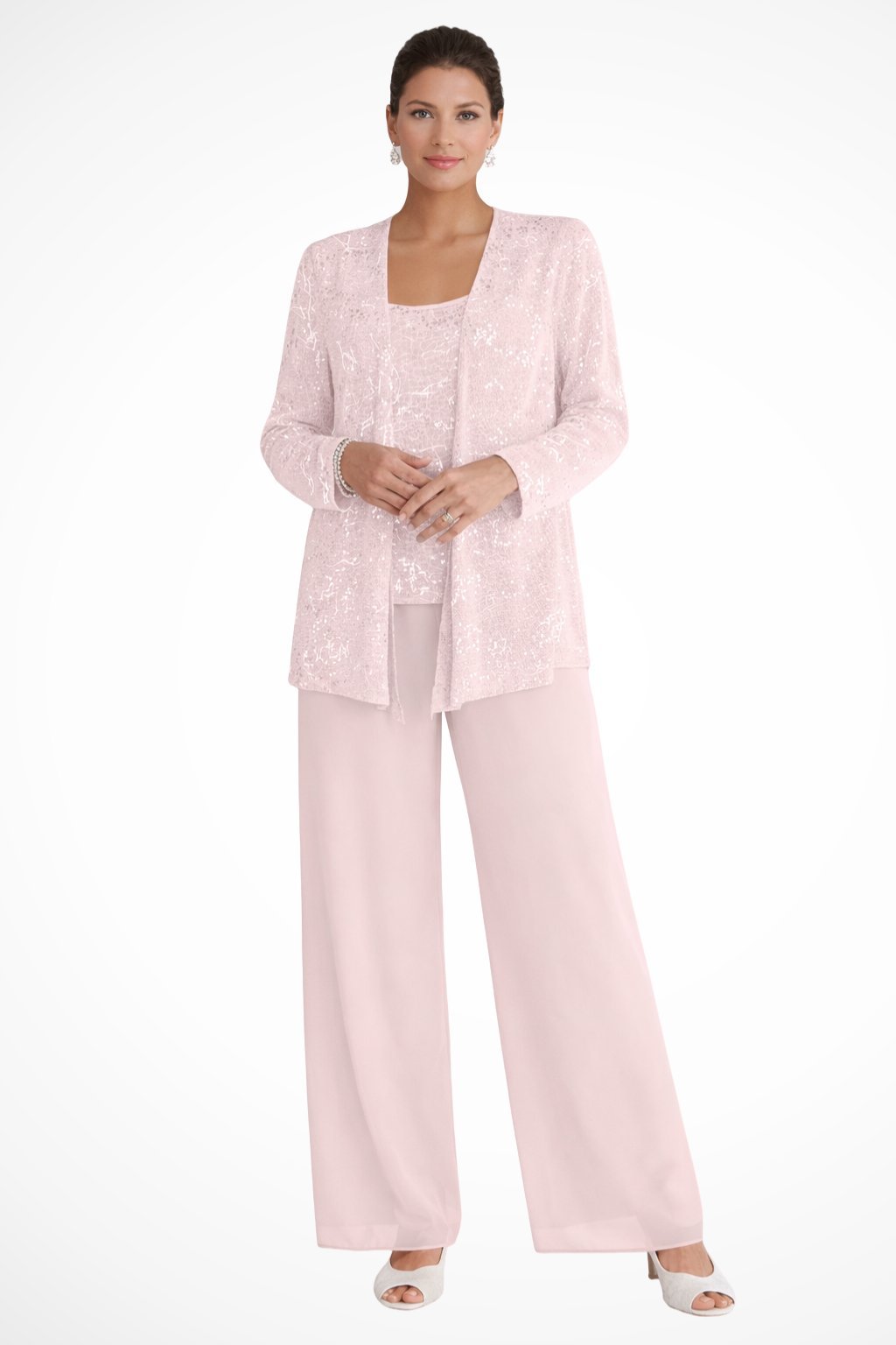 Women's Formal Sequin Three Piece Pant Set - Blush Pink