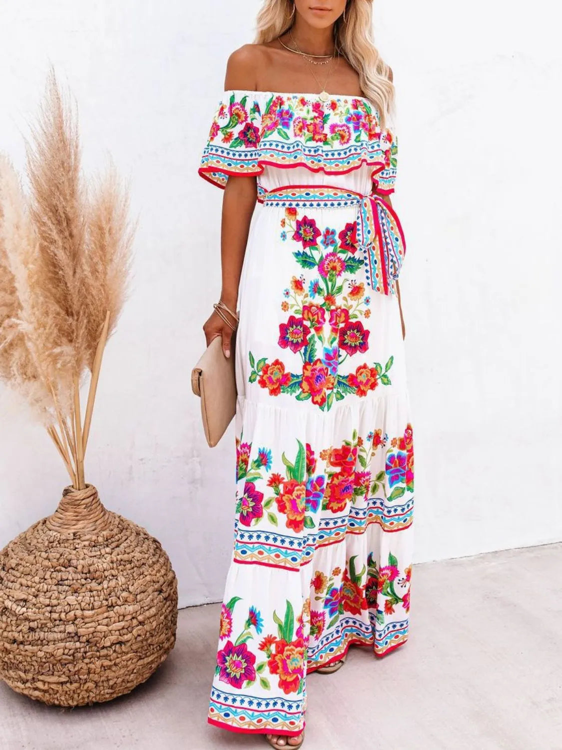 Women's Garden Party Off Shoulder Floral Print Maxi Dress - White Floral