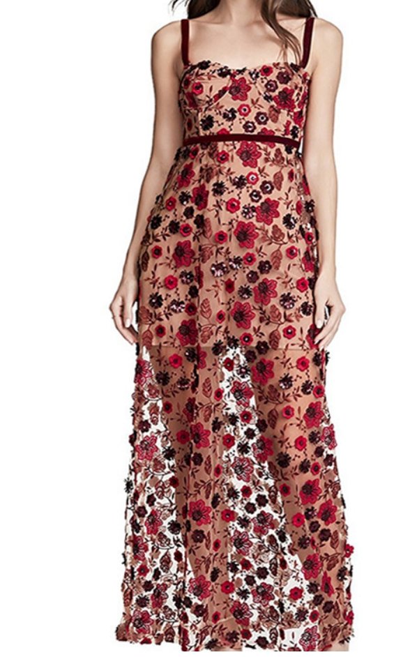 Women's Garden Party Red Floral Tie Waist Maxi Dress - Red Floral