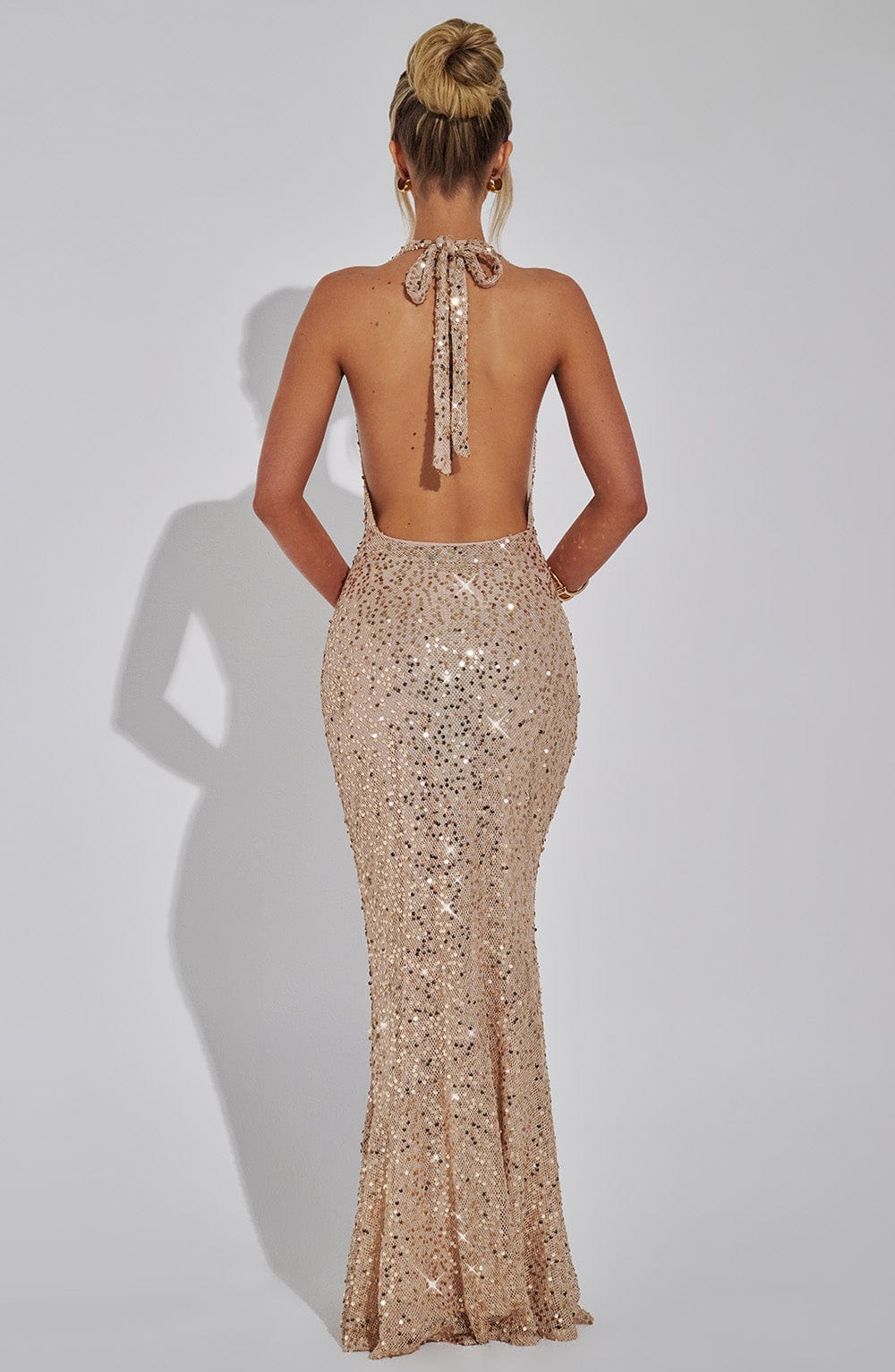 Women's Halter Glitter Mermaid Prom Maxi Dress - Champagne Gold