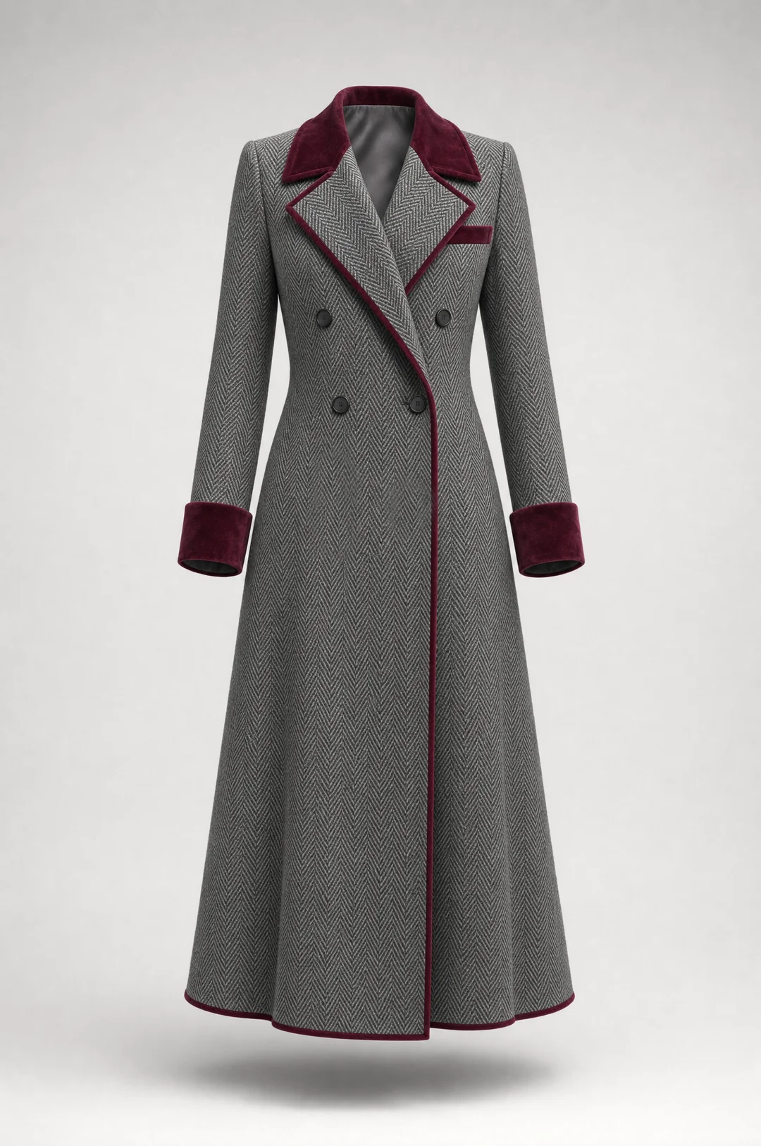 Women's Herringbone Velvet Trim Long Coat - Gray