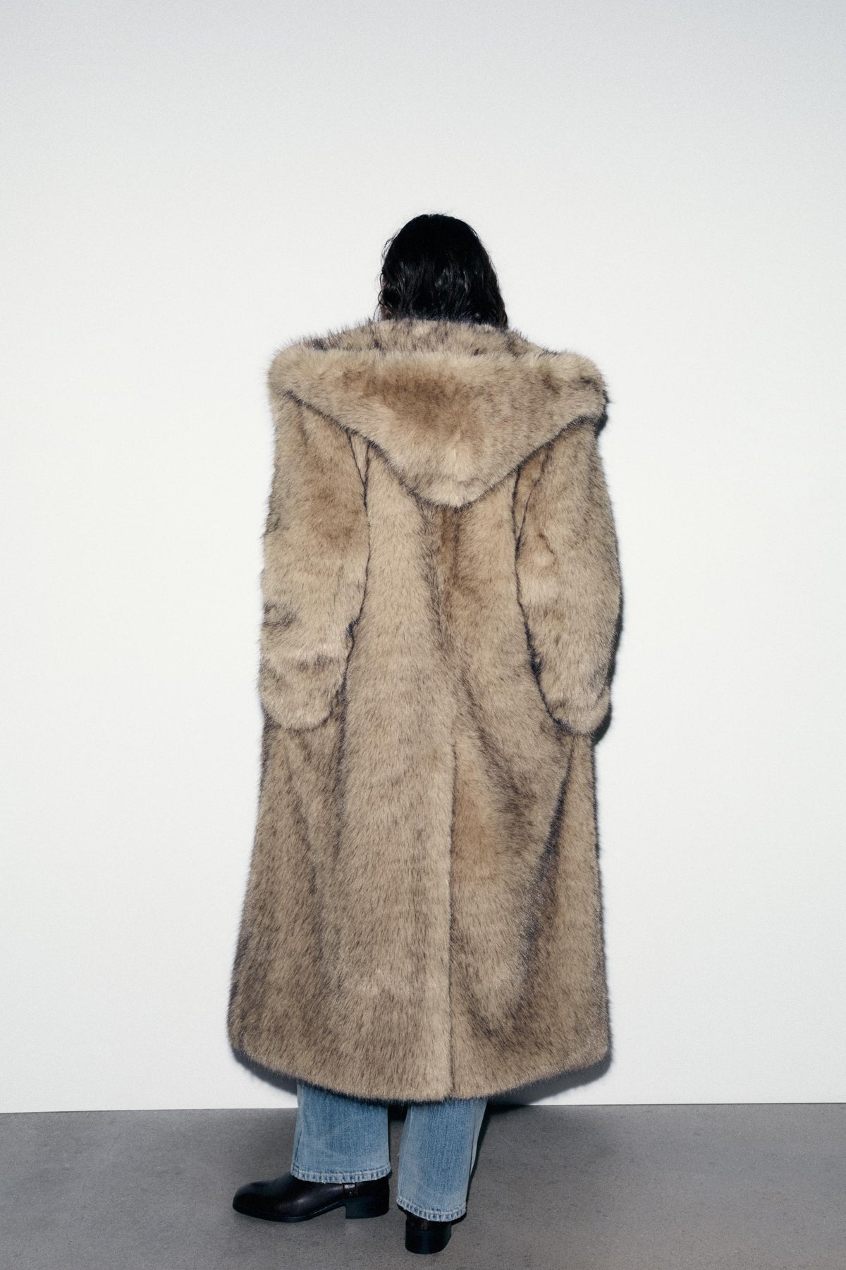 Women's Lapel Collar Faux Fur Longline Coat - Camel