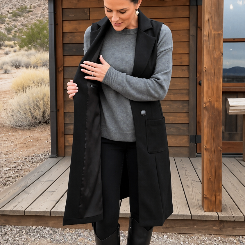 Women's Long Double-Breasted Faux Suede Gilet - Black