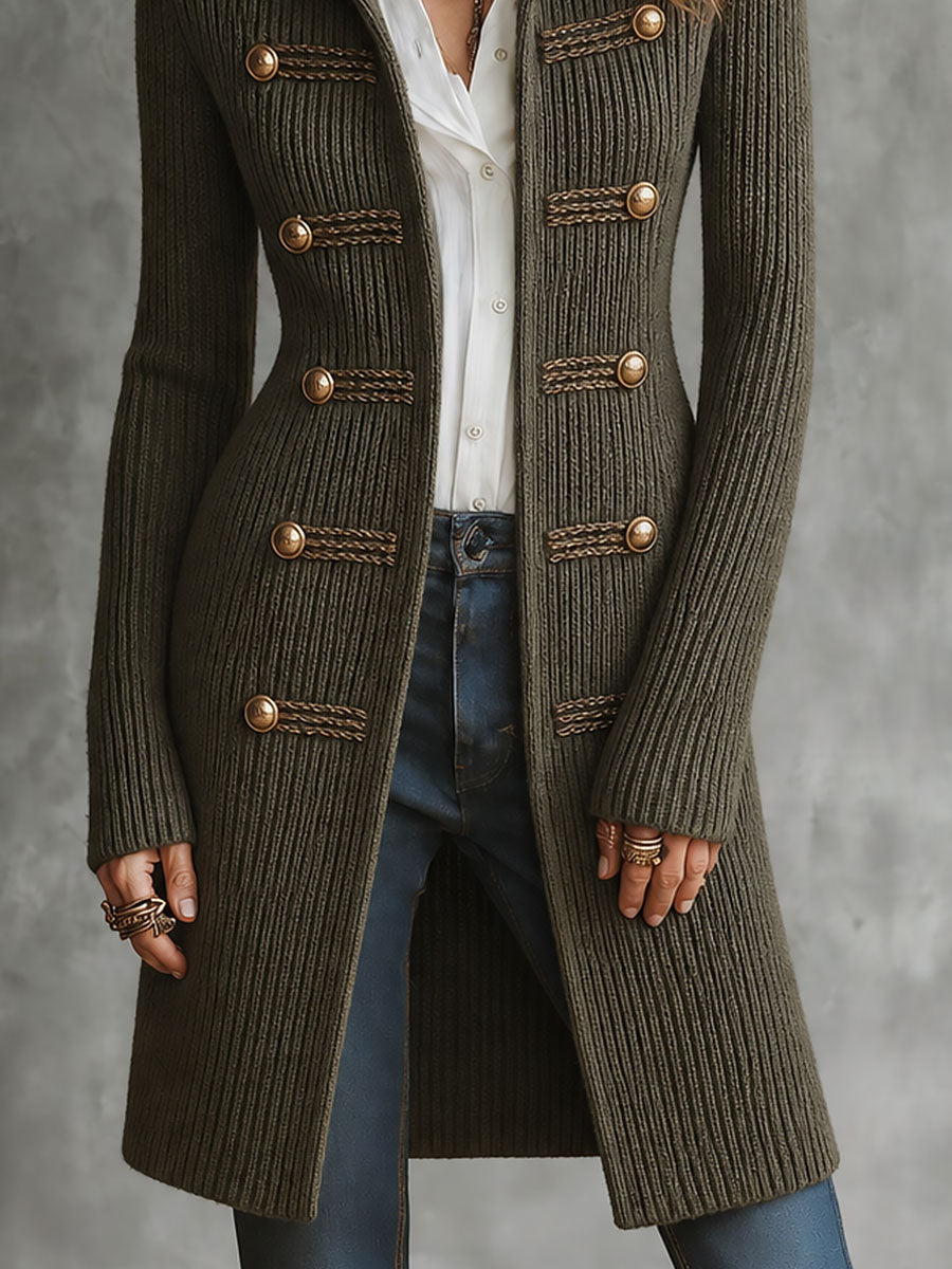 Women's Military Braided Trim Long Cardigan - Army Green