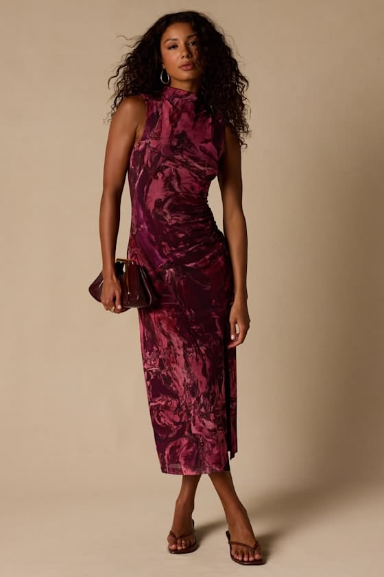 Women's Mock Neck Abstract Print Midi Dress - Mauve Abstract Print