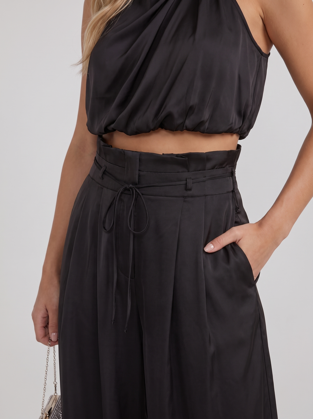 Women's Night Out Satin Halter Two Piece Set - Black