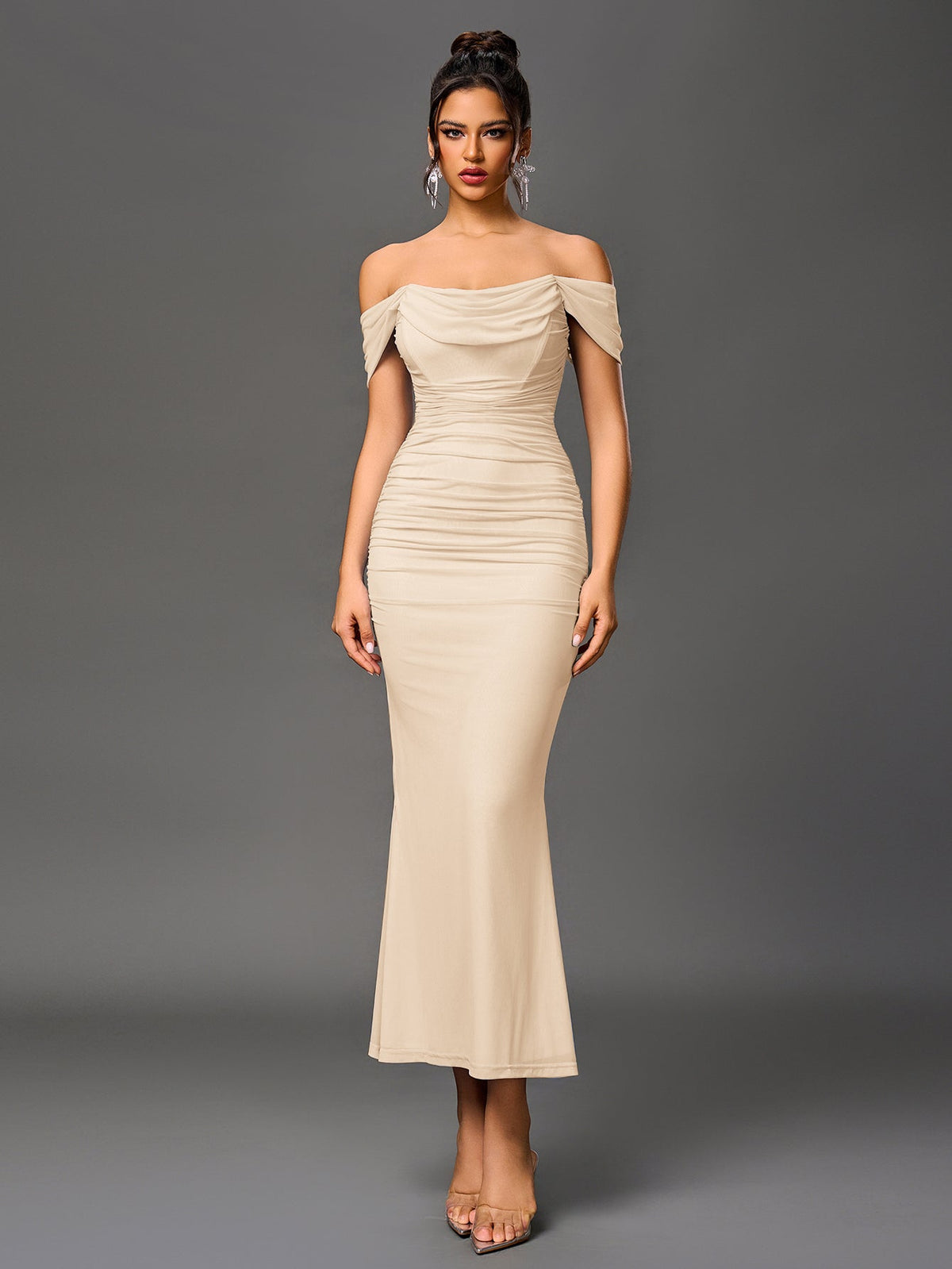 Women's Off Shoulder Ruched Formal Maxi Dress - Beige