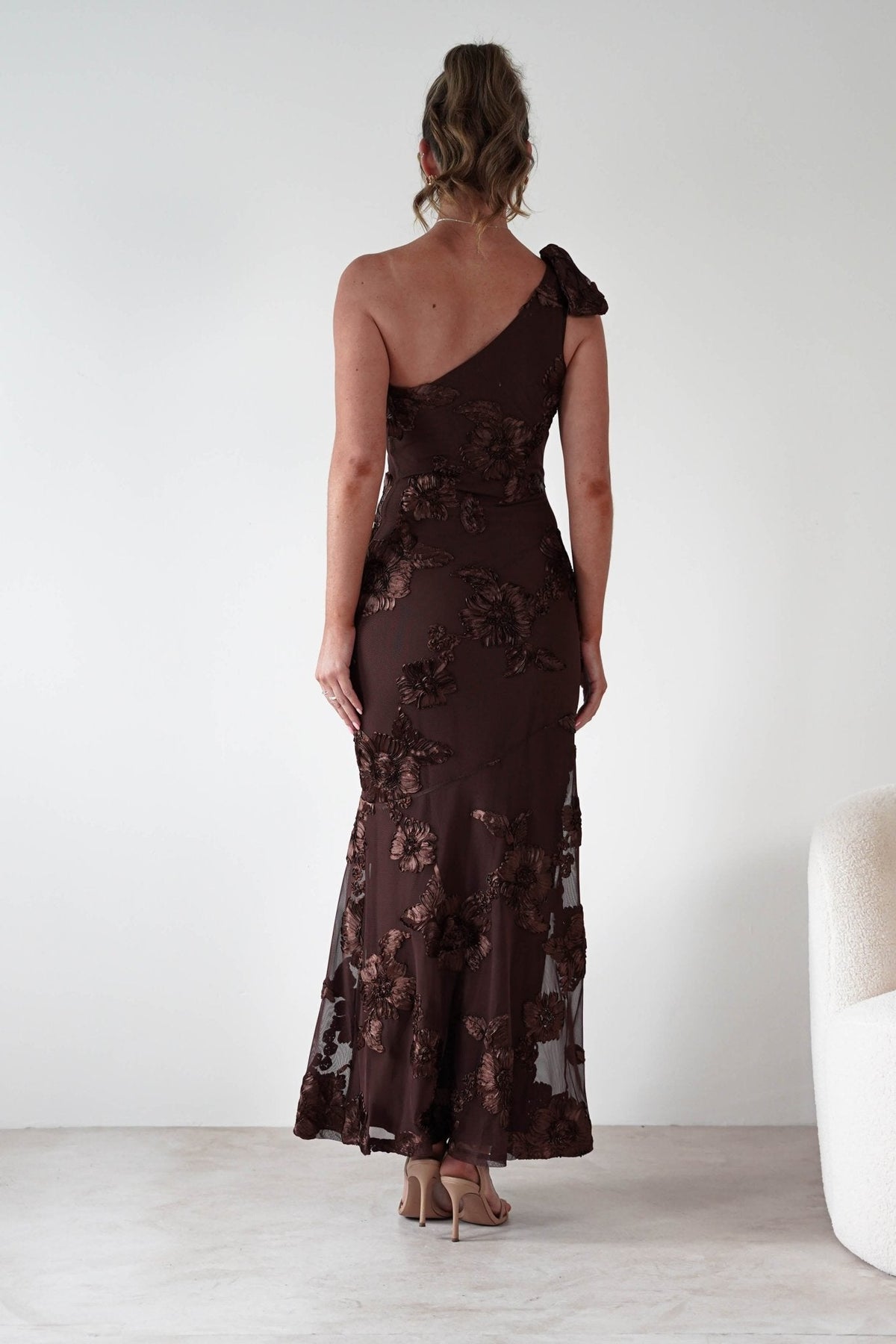 Women's One-Shoulder Bow Floral Maxi Dress - Brown Floral