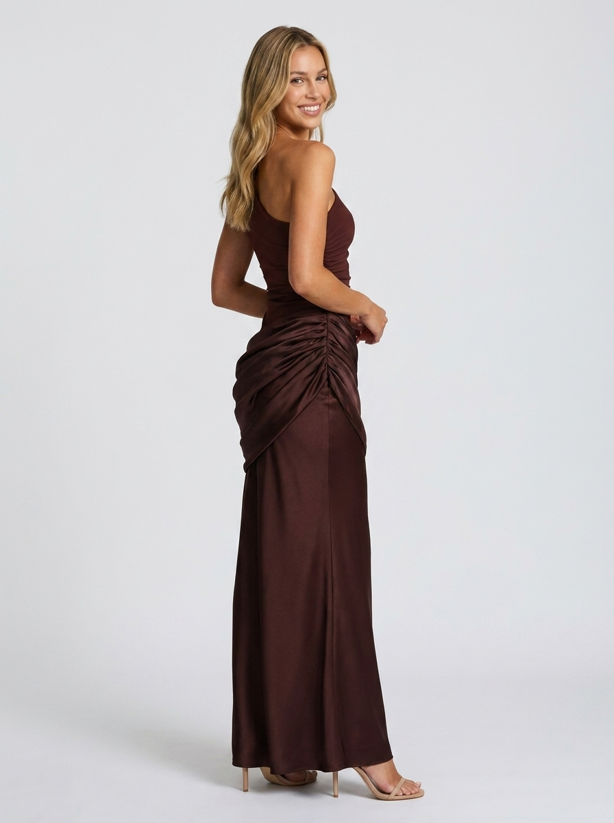Women's One Shoulder Crepe and Satin Formal Maxi Dress - Chocolate Brown