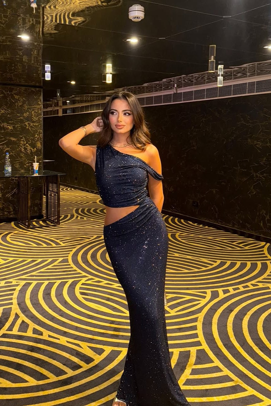 Women's One Shoulder Sequin Formal Maxi Dress - Navy Sparkle