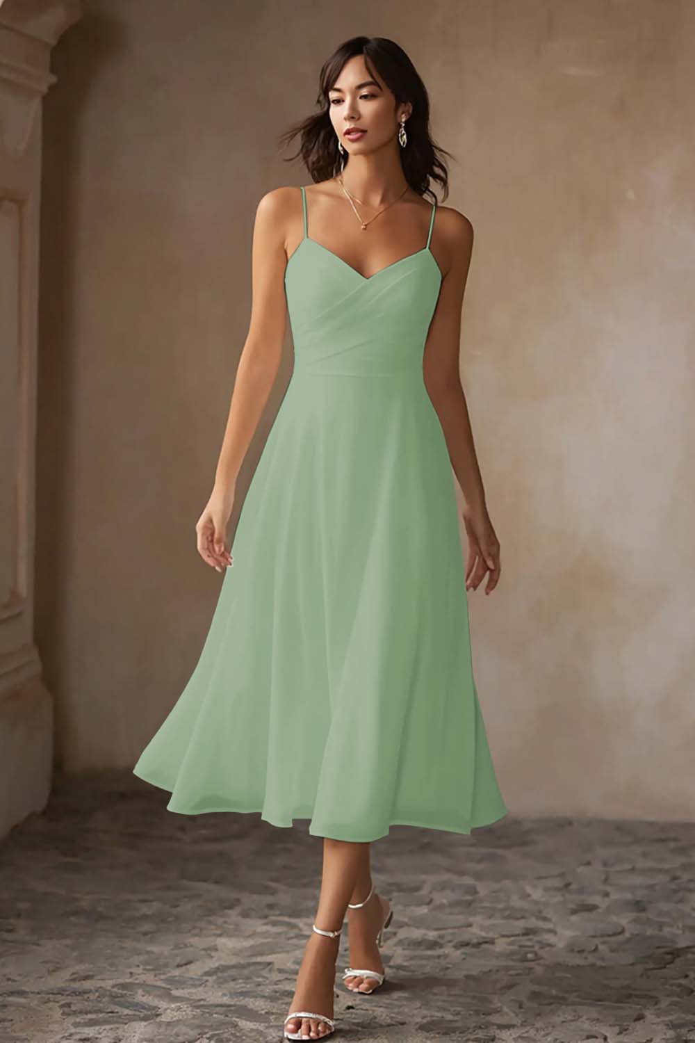 Women's Pleated Chiffon A-Line Midi Bridesmaid Dress - Sage Green