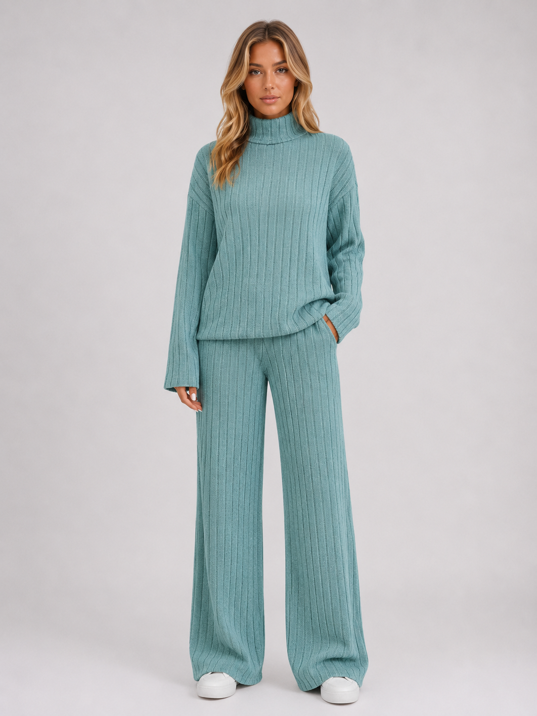 Women's Roll Neck Ribbed Knit Lounge Set - Sage Green