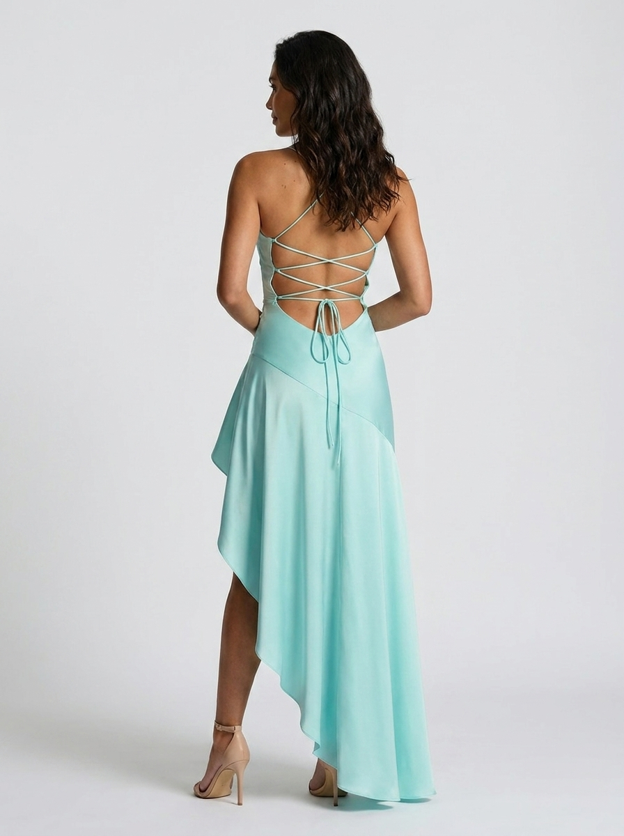 Women's Ruffle High-Low Prom Maxi Dress - Aqua