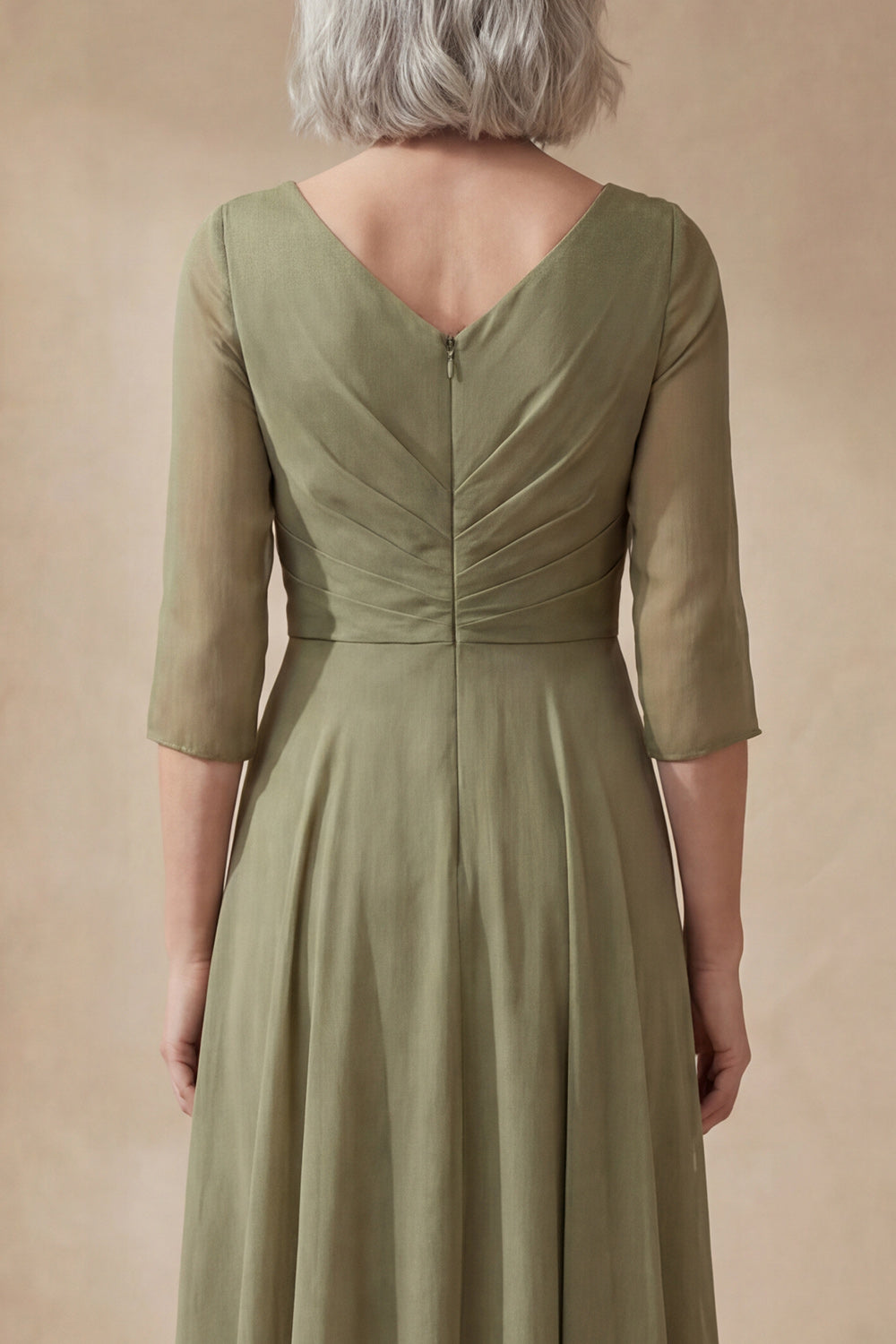 Women's Sheer Sleeve Draped V Neck Formal Midi Dress - Sage Green