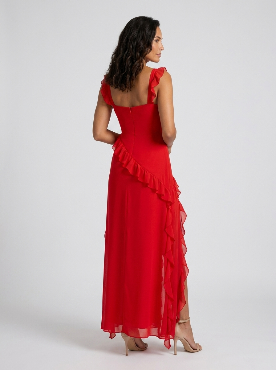Women's Square Neck Ruffle Formal Maxi Dress - Red