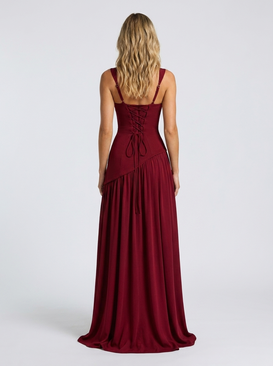 Women's Square Neck Scarf Formal Maxi Dress - Burgundy