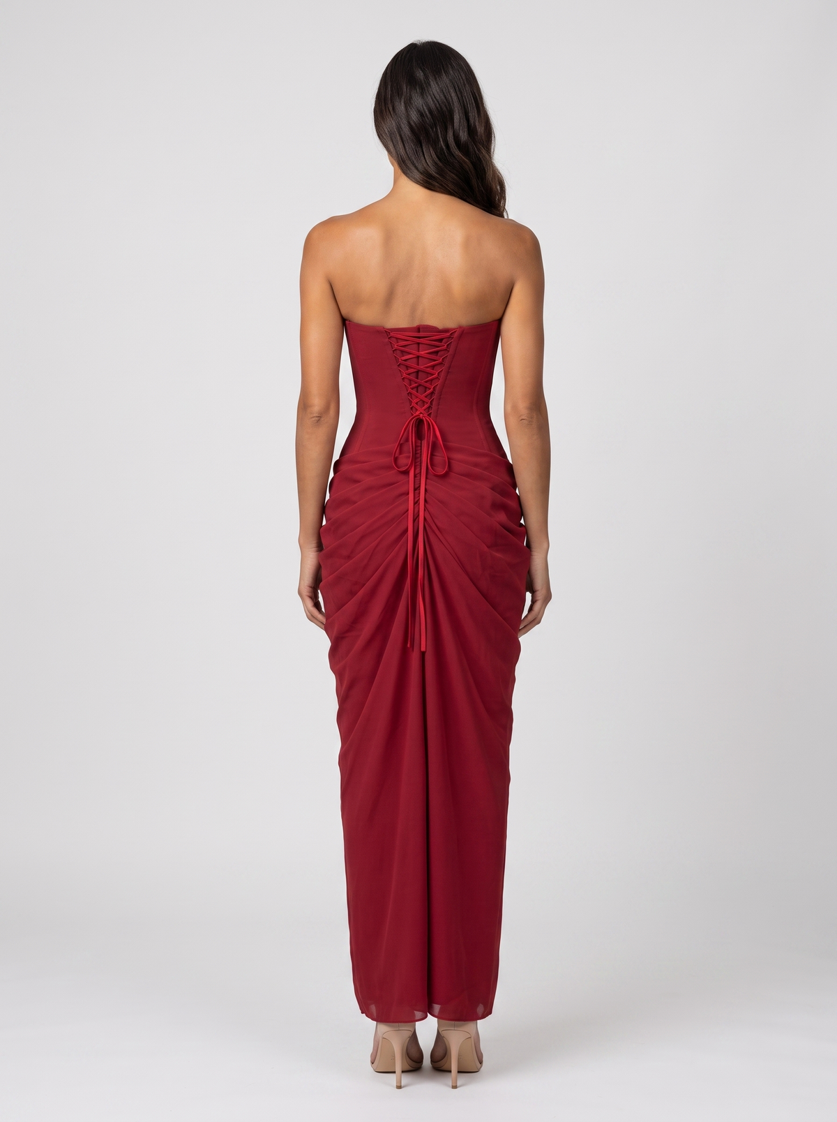 Women's Strapless Ruched Corset Formal Maxi Dress - Burgundy