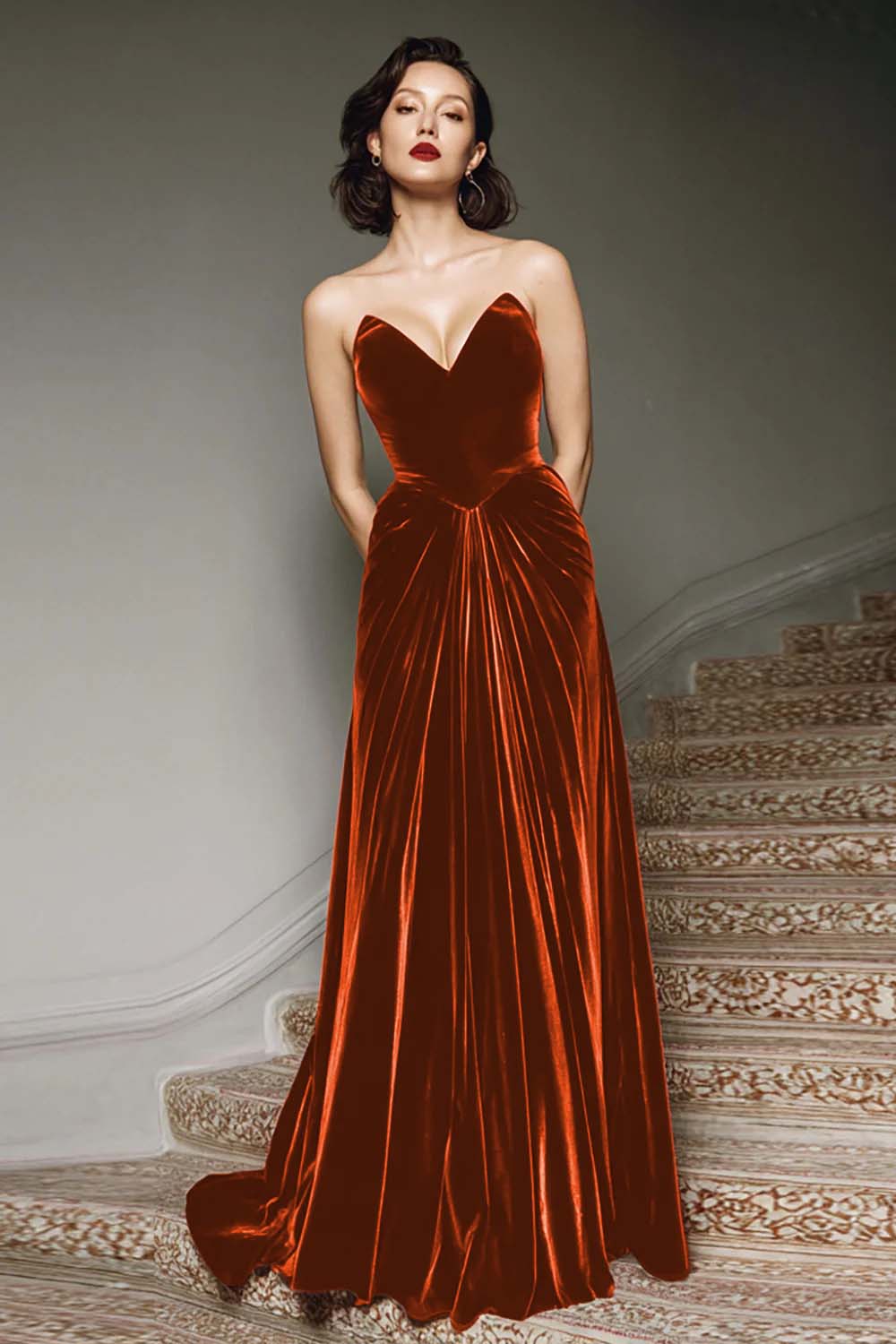 Women's Strapless Velvet Formal Maxi Dress - Rust Orange