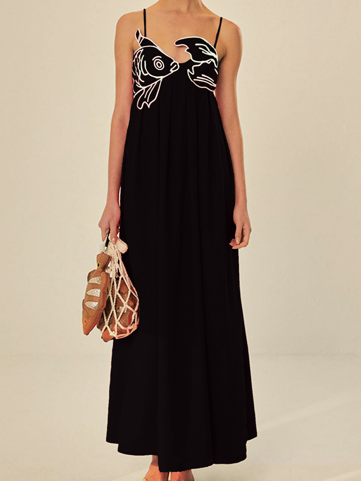Women's Summer Embroidered Spaghetti Strap Maxi Dress - Black