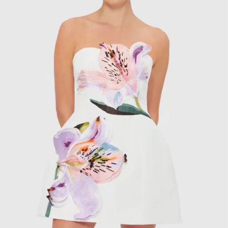 Women's Summer Floral Strapless White Mini Dress - White Floral