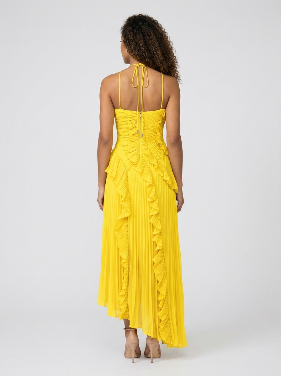 Women's Summer Halter Ruffle High-Low Maxi Dress - Lemon Yellow