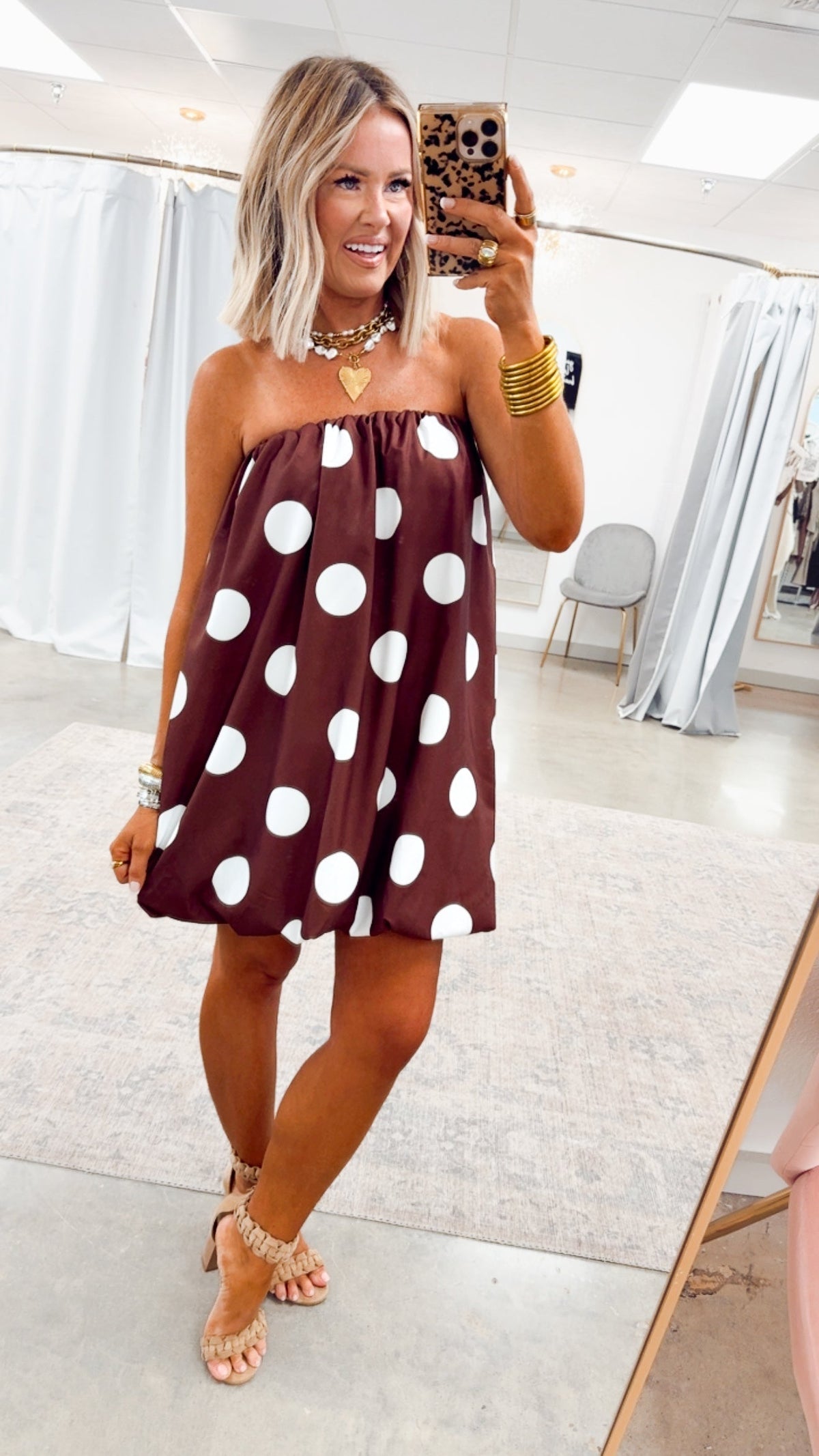 Women's Summer Polka Dot Bubble Hem Mini Dress - Brown Cream