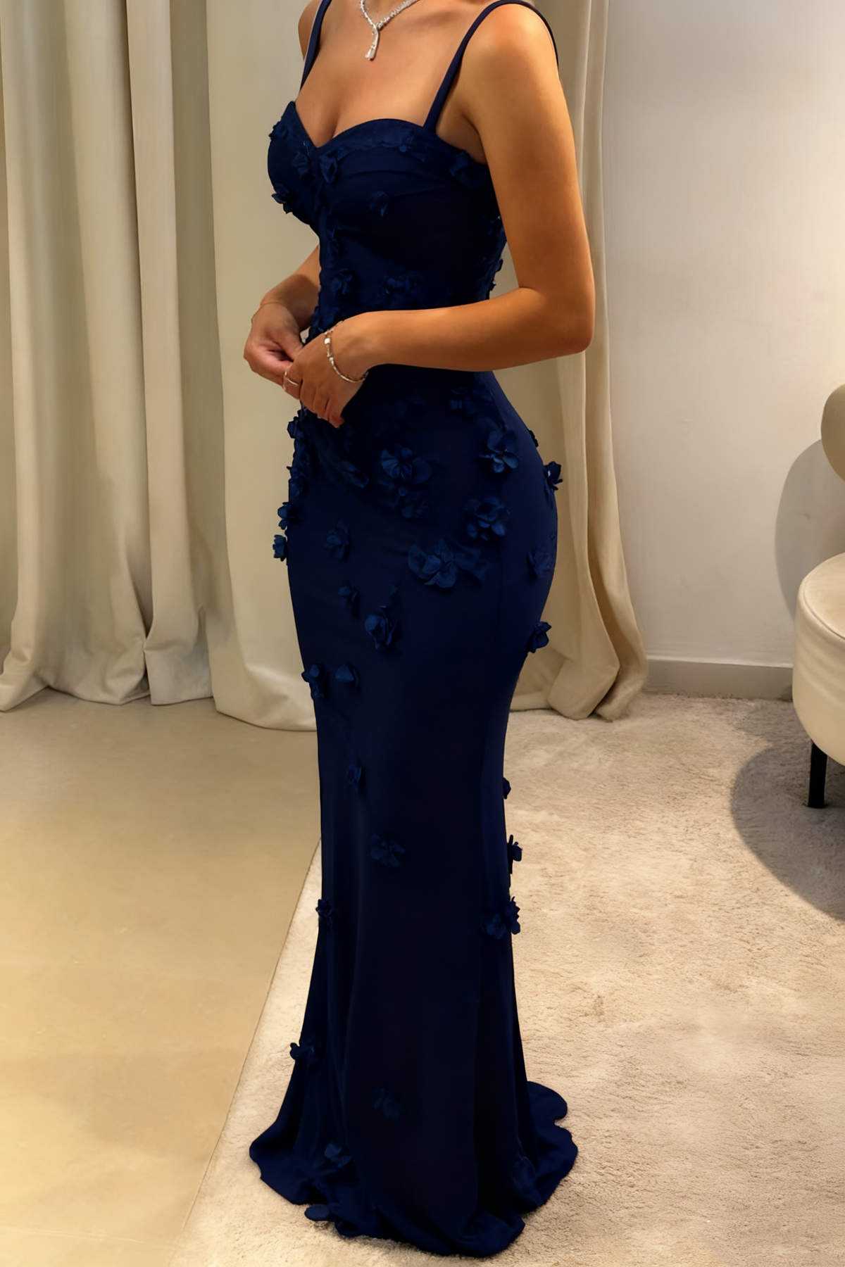 Women's Sweetheart Applique Mermaid Prom Dress - Navy Blue