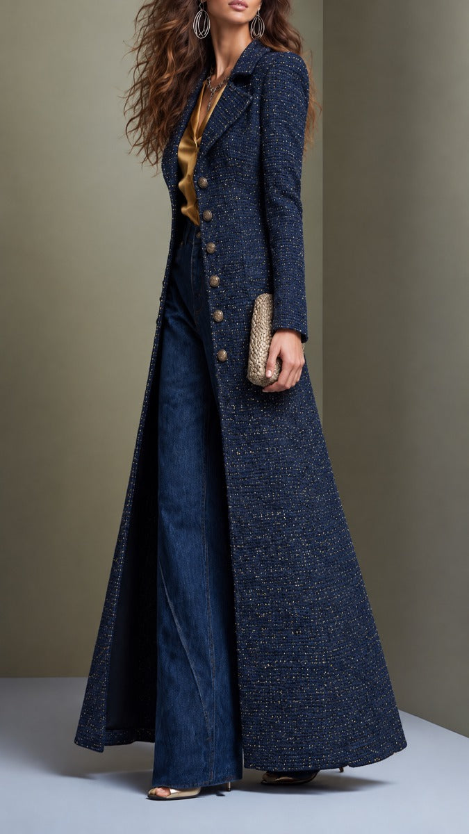 Women's Tailored Tweed Overcoat in a Maxi Coat Length - Navy