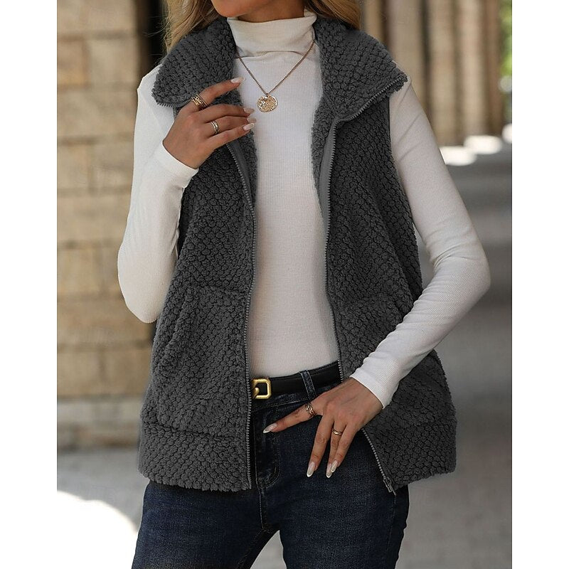 Women's Textured Sleeveless Zip-Up Gilet - Dark Gray