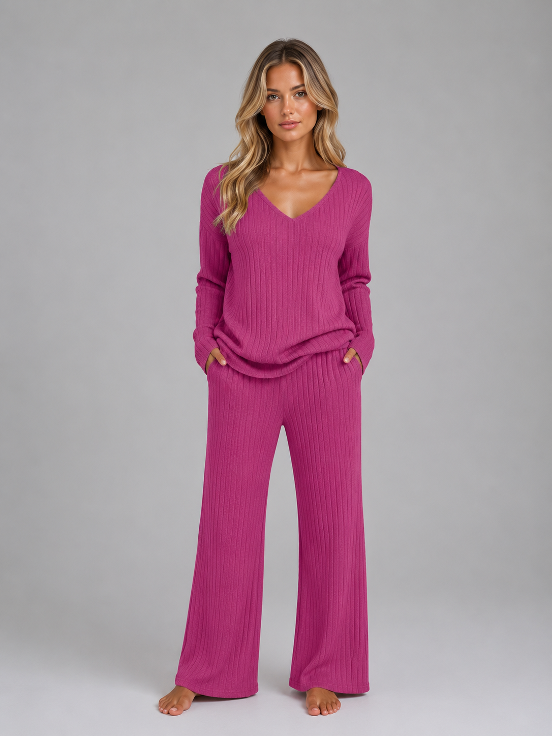 Women's V-Neck Wide-Leg Lounge Set - Fuchsia