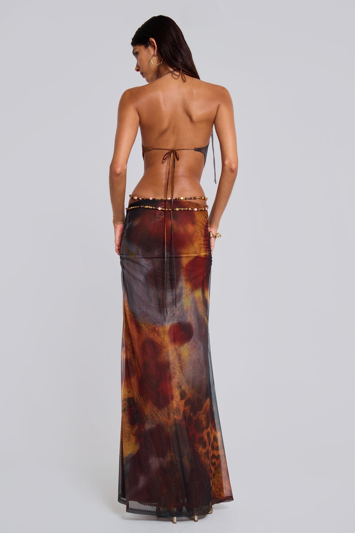 Women's Vacation Halter Cutout Printed Maxi Dress - Brown Flame