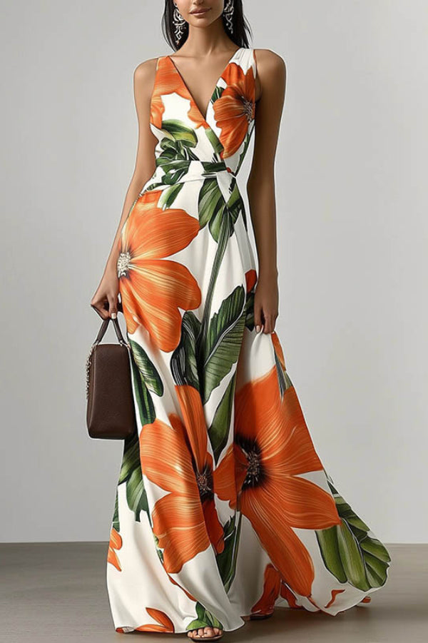 Women's Vacation Tropical Floral V Neck Maxi Dress - Tropical Floral