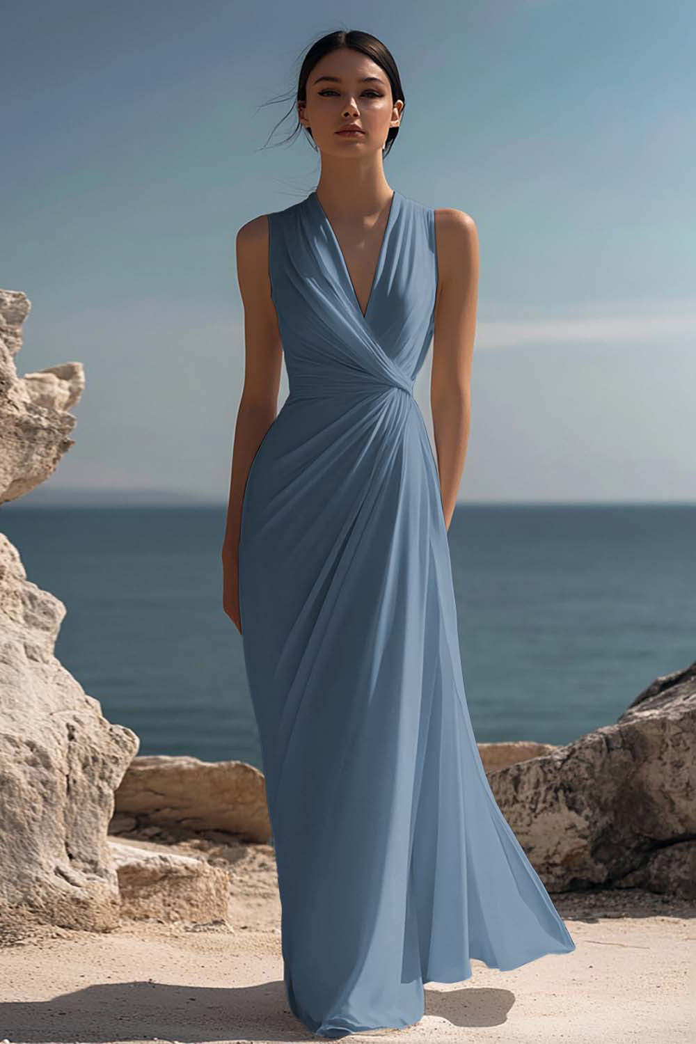 Women's Wedding Guest Chiffon Ruched Maxi Dress - Dusty Blue