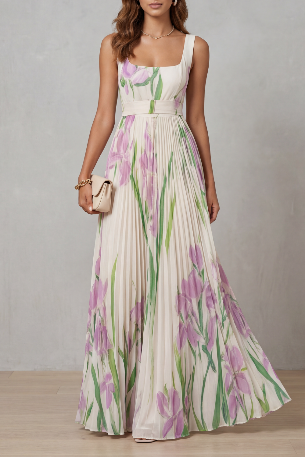 Women's Wedding Guest Floral Pleated Maxi Dress - Ivory Floral
