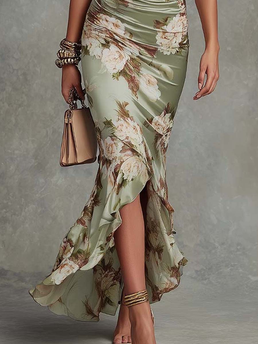 Women's Wedding Guest Floral Satin Ruffle Maxi Dress - Sage Floral