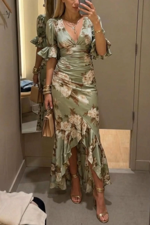 Women's Wedding Guest Floral V Neck Pleated Maxi Dress - Sage Floral