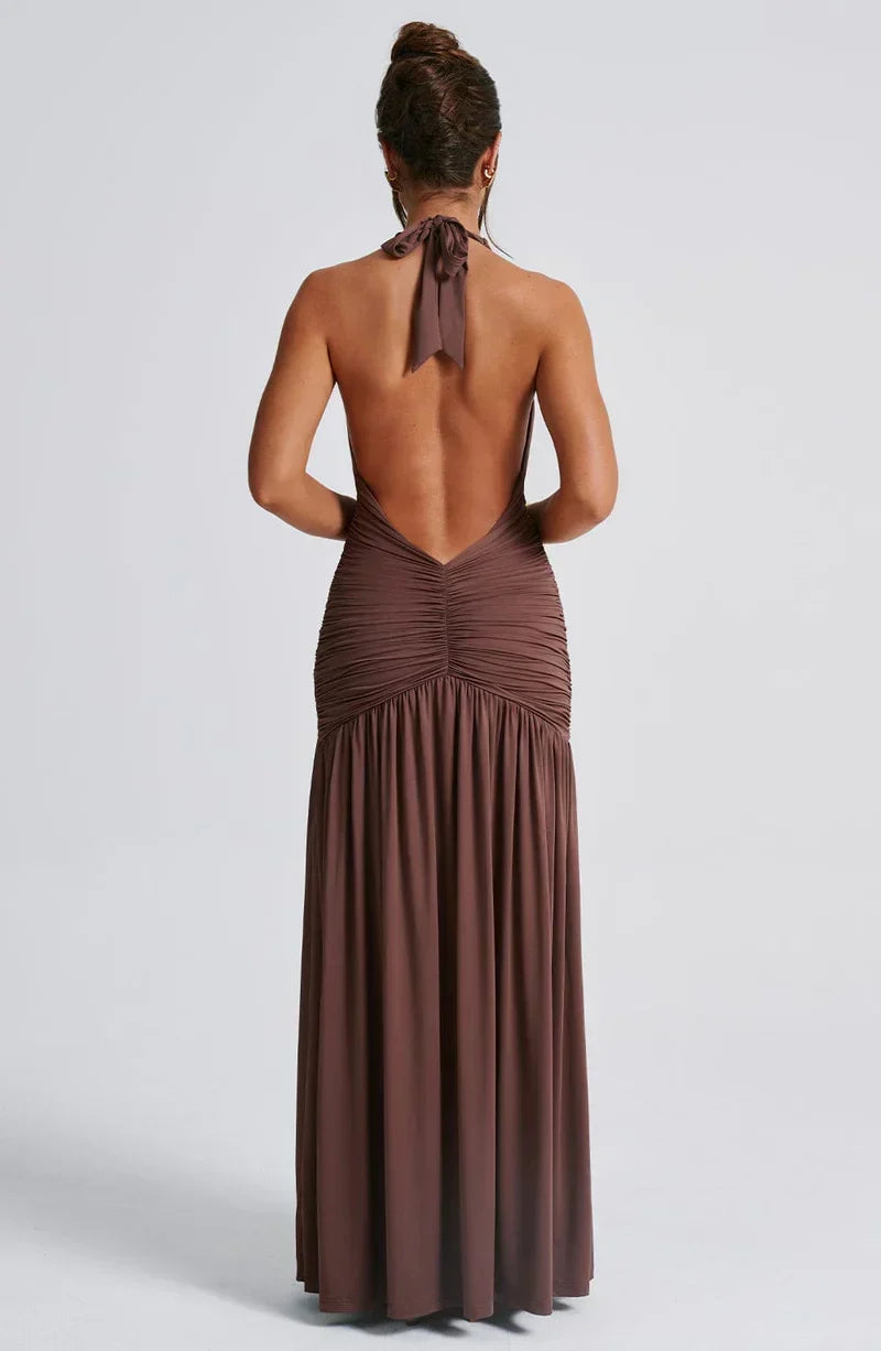 Women's Wedding Guest Halter Maxi Dress - Mocha