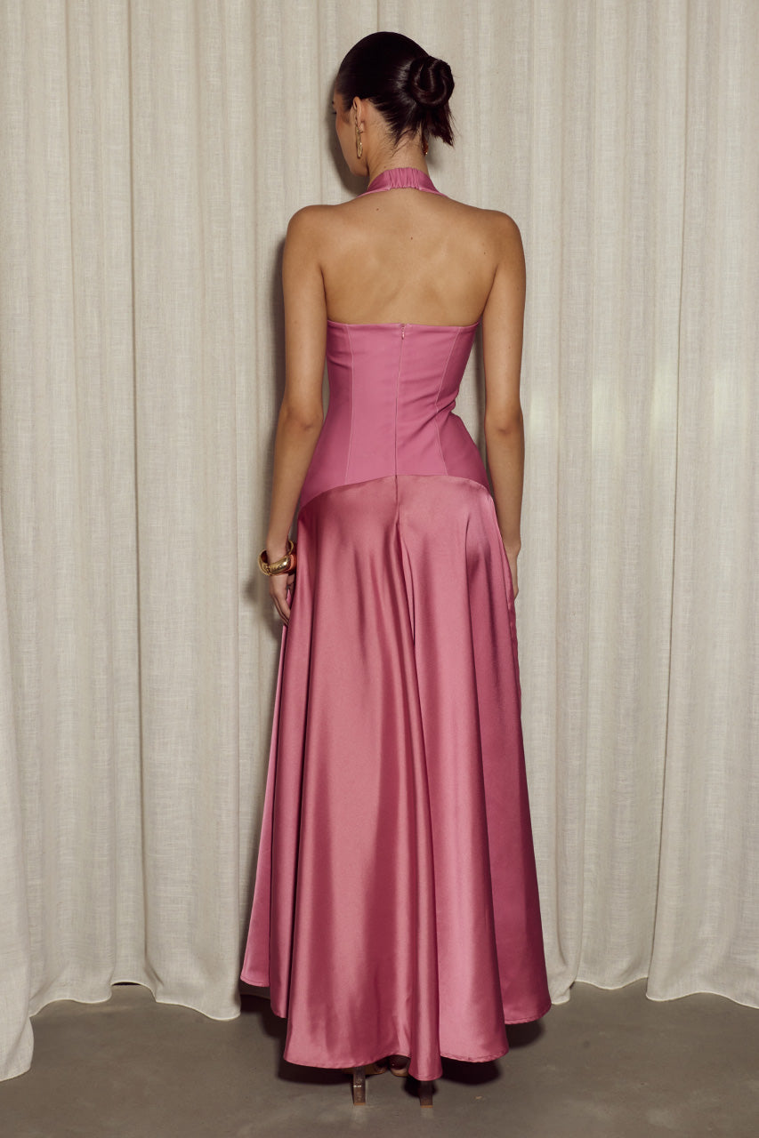 Women's Wedding Guest Halter Open Back Maxi Dress - Rose