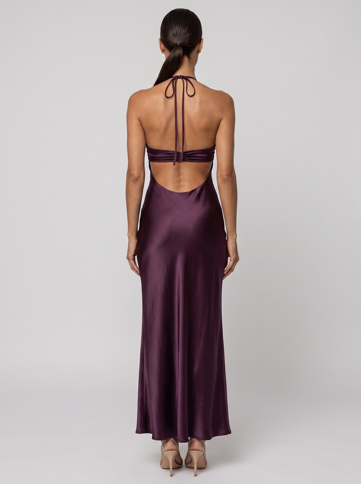 Women's Wedding Guest Halter Satin Maxi Dress - Plum