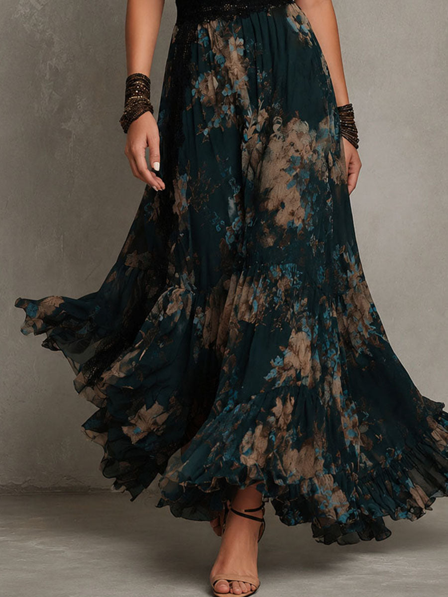 Women's Wedding Guest Lace Trim Tiered Floral Maxi Dress - Black Tan Floral