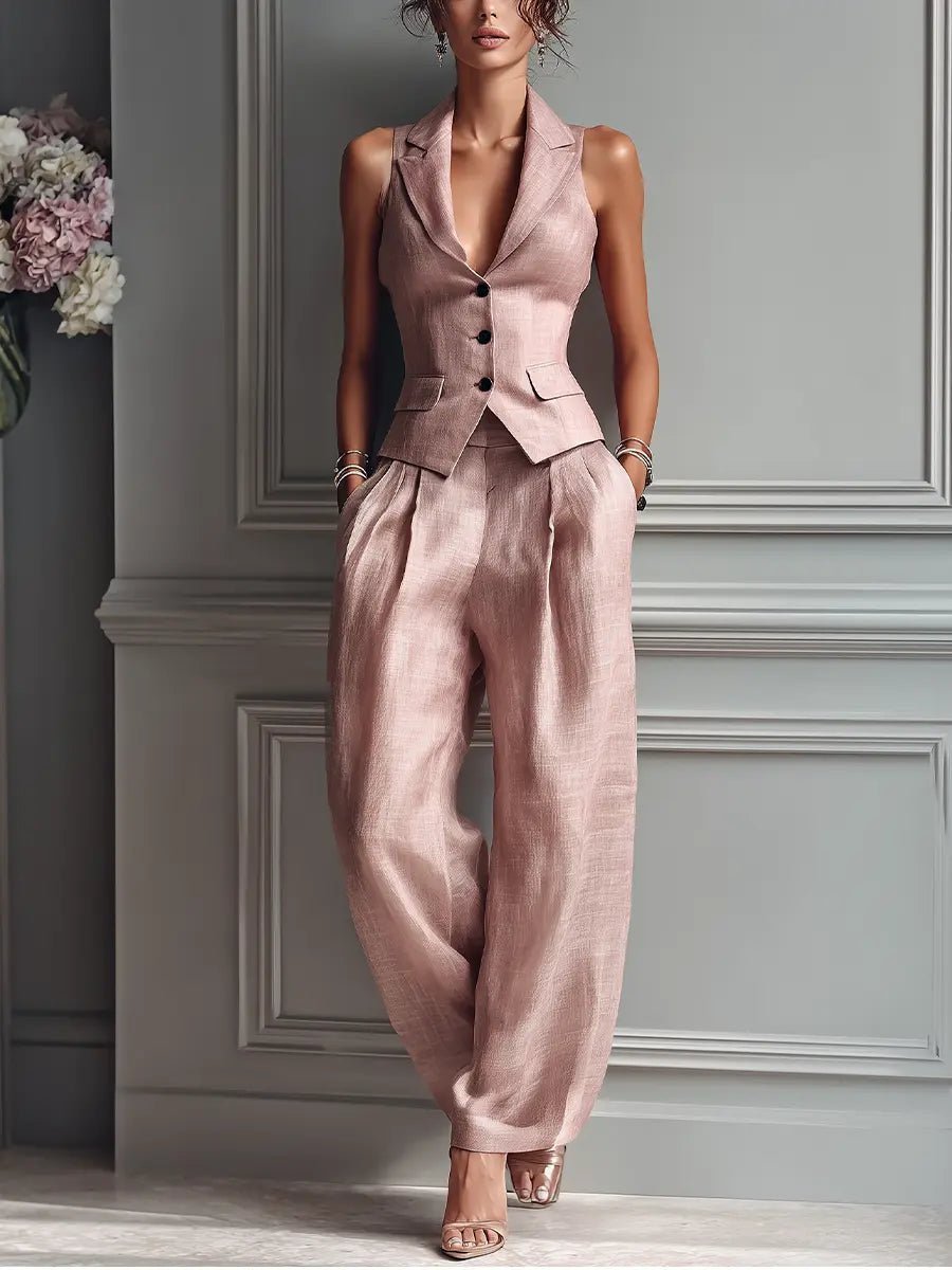 Women's Wedding Guest Linen Vest Pant Set - Dusty Pink