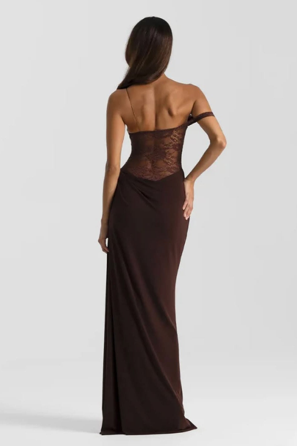 Women's Wedding Guest Off Shoulder Floral Lace Maxi Dress - Chocolate Brown