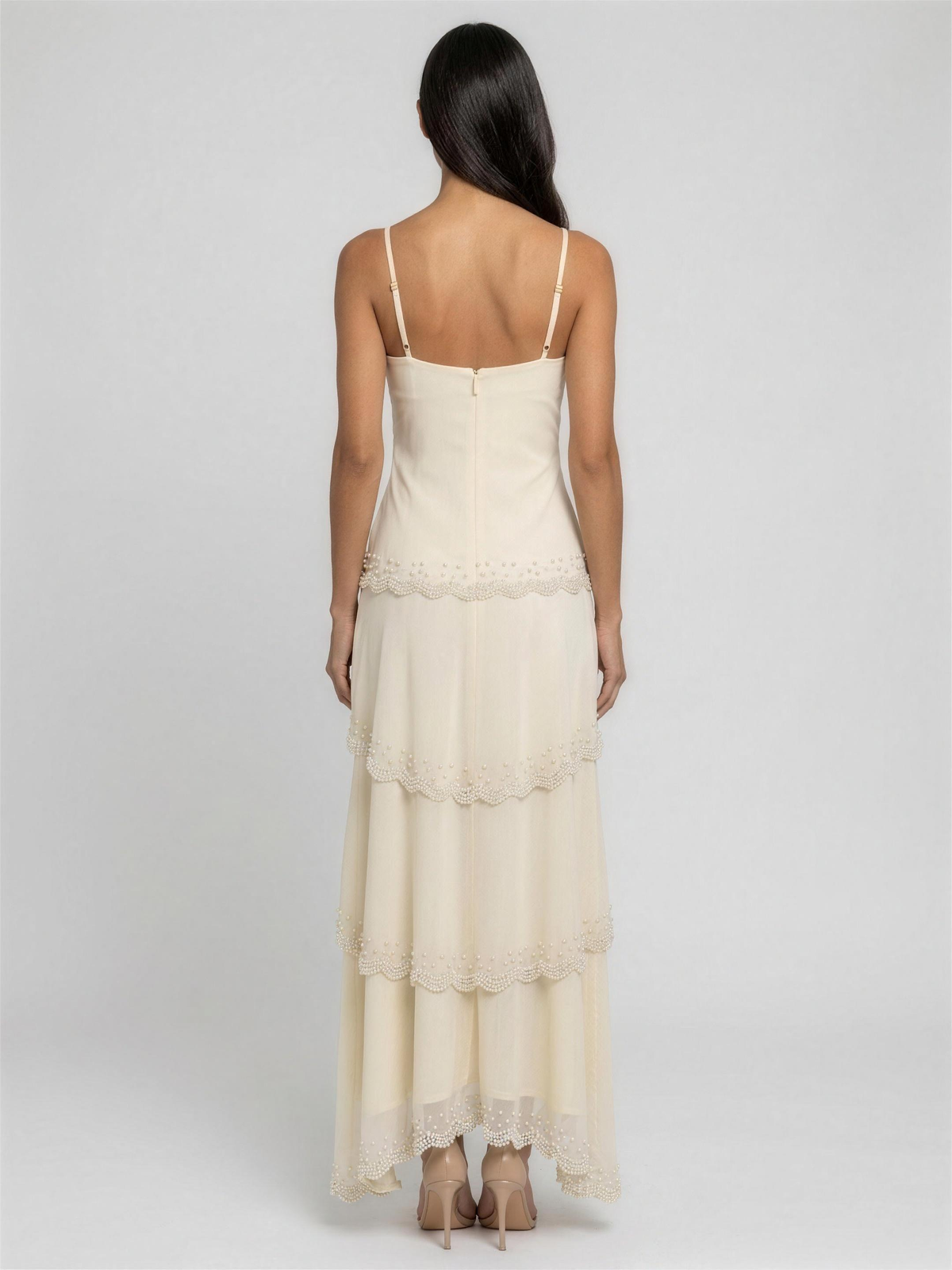 Women's Wedding Guest Pearl Embellished Tiered Maxi Dress - Ivory
