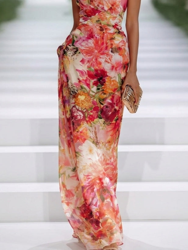 Women's Wedding Guest Red Floral Chiffon Halter Maxi Dress - Red Floral