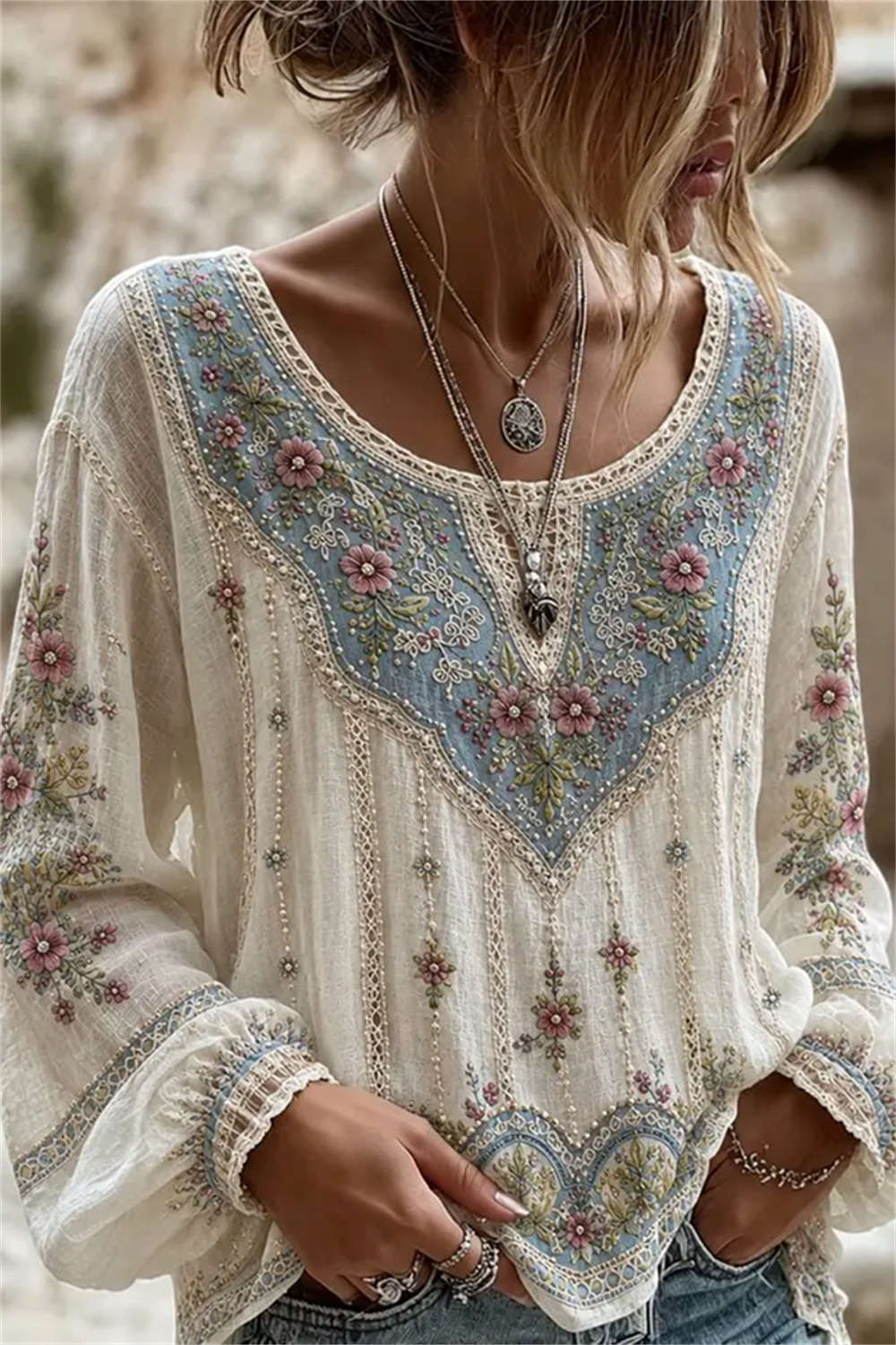 Women's Weekend Getaway Embroidered V-Neck White Blouse - White