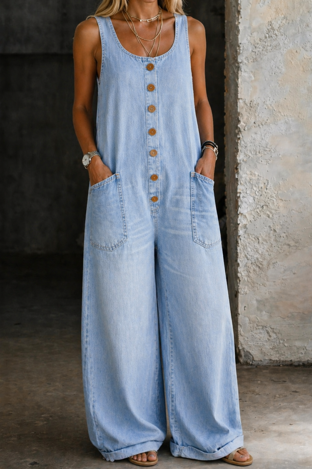 Women's Weekend Wide Leg Denim Overalls Jumpsuit - Light Blue